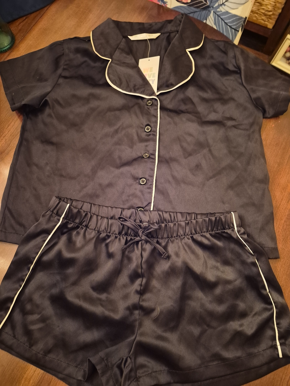 Girls Navy Satin Short Pajama Set with Contrast Piping